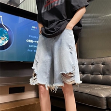 五分破洞牛仔短裤男夏季美式潮牌工装直筒中裤1001-1-S199-P38，男装牛仔裤，星座1001-1