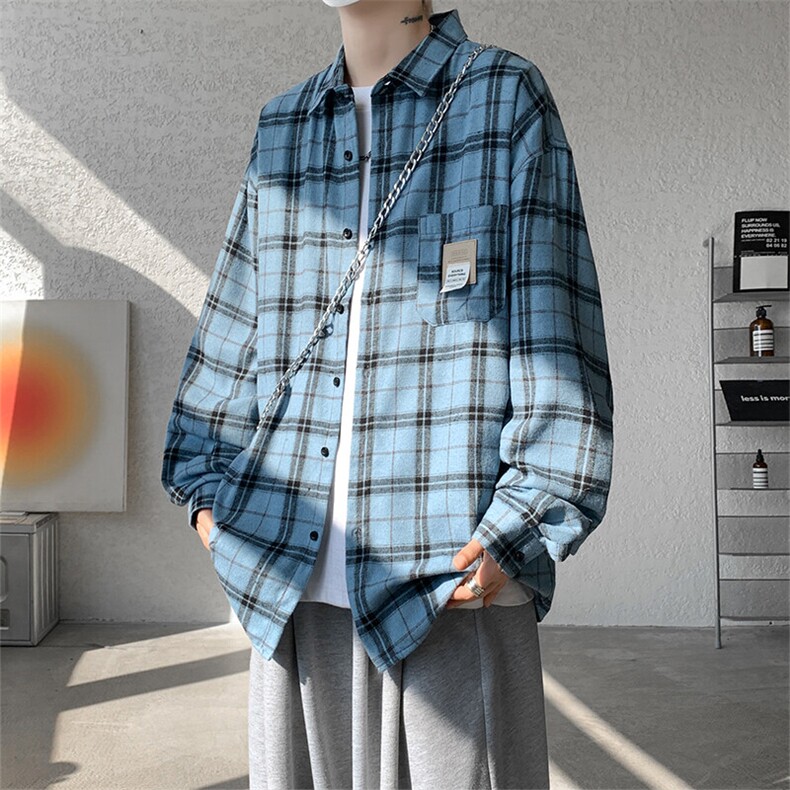 衬衫男春季新款港风磨毛宽松长袖格子衬衣CS521-P38，男装衬衫，星座214-3