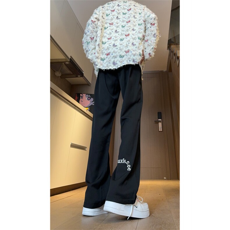 现货早秋黑色微喇裤脚刺绣休闲垂坠感西裤男K799-P50控78,男装西裤,星座205