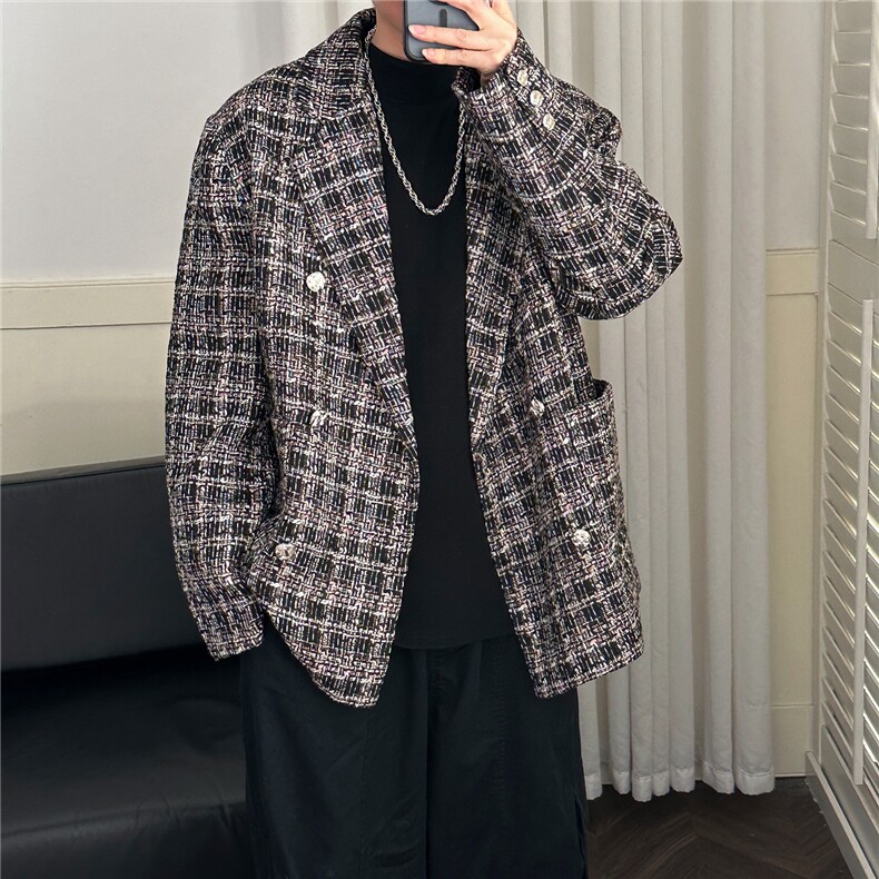 秋冬休闲小香风西装外套男潮格纹呢子西服A351-AX2506-P125,男装西服套装,电商A351