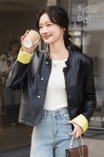 新中式盘扣皮衣外套女2025秋季新款超好看皮夹克PU拼接外套，女装皮衣，韩美纤衣