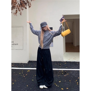 灰色压褶健身运动卫裤男秋冬美式阔腿垂感休闲裤cleanfit弯刀裤子图片