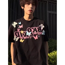 美式复古手绘字母蝴蝶印花短袖T恤男女夏季宽松情侣上衣TC27，男装T恤，星座1116A（原606A-3）