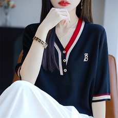 洋气时髦感V领短袖T恤女新款针织衫女修身显瘦减龄半袖遮肉上衣，女装针织衫/毛衣，郡淞羊绒