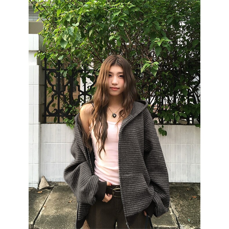 [网图]加绒条纹连帽卫衣美式复古开衫宽松外套5D1202-TP65118,女装短外套,电商A102
