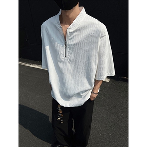 现货 夏新潮流短袖半拉链亨利领宽松大码T恤男黑色513 DT3533 P30图片