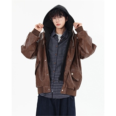 复古休闲宽松假两件连帽情侣皮衣夹克外套XZ402-2P95控128JK729，男装皮衣，星座402-2