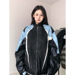 秋冬美式vintage赛车服男皮夹克设计感痞帅机车PU皮外套,工装长裤女穿搭夏九分图片