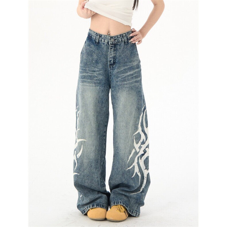 2397-P58刀锋印花做旧直筒牛仔裤男女休闲百搭阔腿长裤子，女装休闲裤，电商A306A