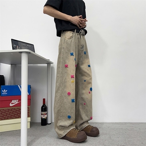 春季水洗做旧牛仔裤复古潮流休闲时尚直筒裤图片