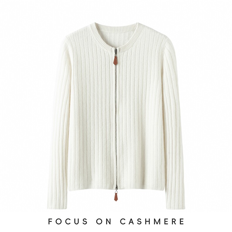 2025年秋季直筒型通勤单件十二针圆领坑条开衫，女装羊绒衫，缇曼羊绒