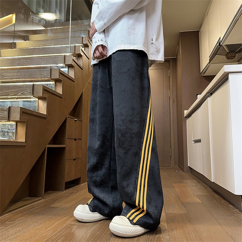 黑色条纹扎染阔腿卫裤男加绒加厚美式重磅直筒垂感宽松裤子秋冬款,男装休闲裤,电商A022