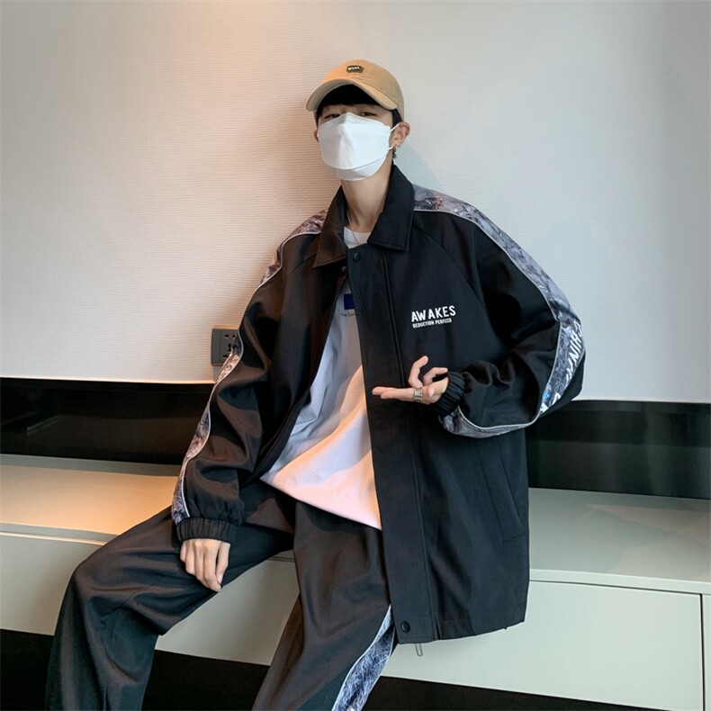 秋季新款大码港风休闲学生拼花翻领夹克束脚裤套装男TZD08P90图片