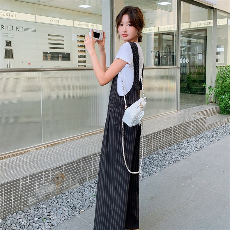 2025夏季新款韩版宽松显瘦条纹背带裤女休闲百搭阔腿连体裤两件套,女装套装/套裙,2C169