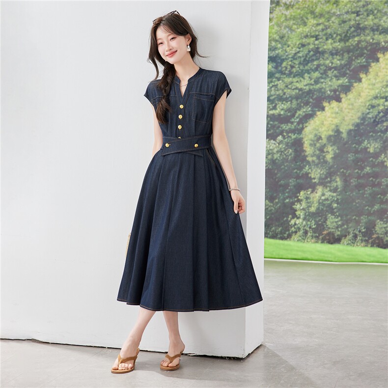 《现货26夏上新》气质仿牛仔棉感收腰显瘦连衣裙女，女装连衣裙，苗苗