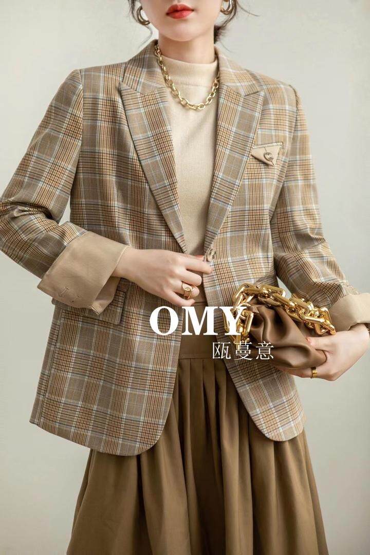 格子西装外套，女装西装，OMY 瓯蔓意