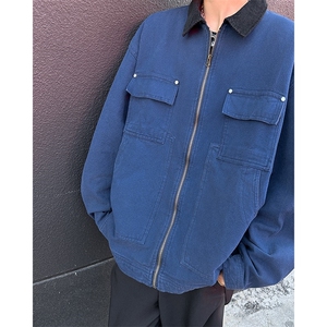 美式复古底特律翻领工装外套男女街头宽松百搭蓝色情侣夹克上衣潮图片