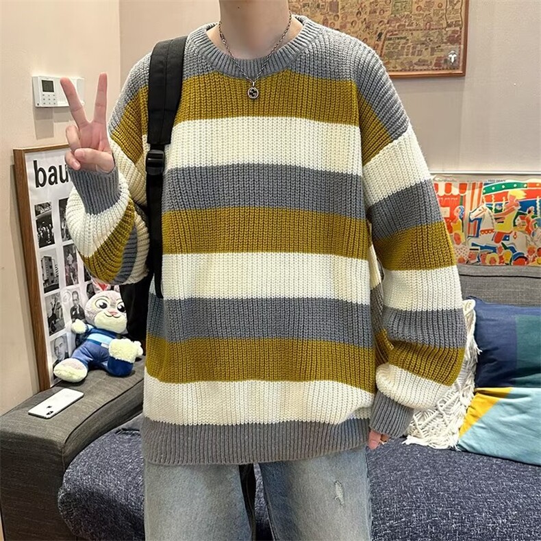 毛衣男秋冬撞色条纹圆领衫针织衫打底衫宽松慵懒风毛线衣7010P48,男装针织衫/毛衣,星座410-2