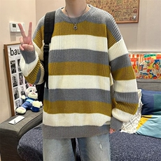 毛衣男秋冬撞色条纹圆领衫针织衫打底衫宽松慵懒风毛线衣7010P48，男装针织衫/毛衣，星座410-2