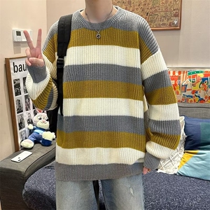 毛衣男秋冬撞色条纹圆领衫针织衫打底衫宽松慵懒风毛线衣7010 P48图片