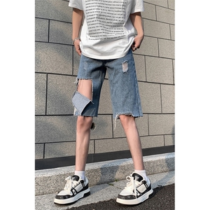 现货 夏季破洞毛边五分牛仔裤浅蓝色乞丐中裤K065-K067-P35 控58图片