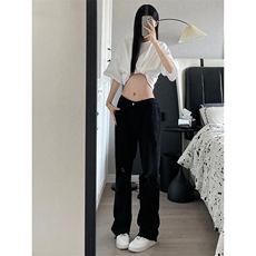 B221美式ins高街简约小众设计毛边破洞牛仔裤LK23067-P60控78，男装牛仔裤，电商B221
