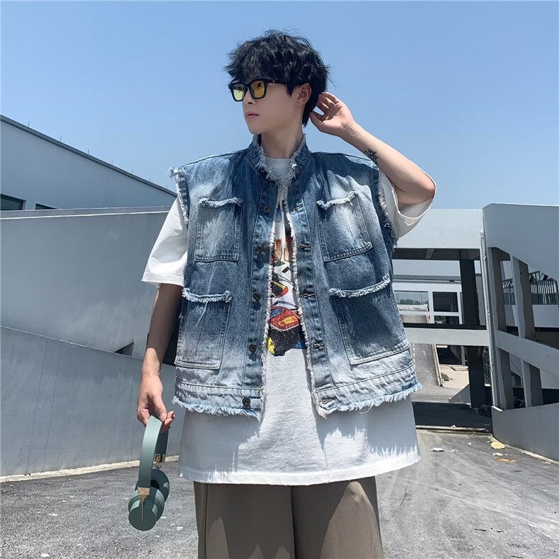 水洗渐变牛仔马甲男款叠穿背心做旧毛边坎肩美式J705P45，男装背心/马甲，星座1116-2