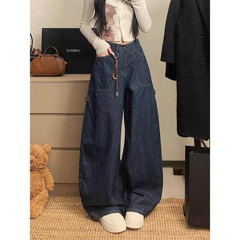 美式复古刺绣直筒竖条纹牛仔裤男女高街宽松百搭显瘦垂感长裤图片