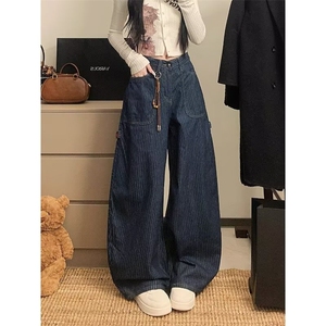 美式复古刺绣直筒竖条纹牛仔裤男女高街宽松百搭显瘦垂感长裤图片