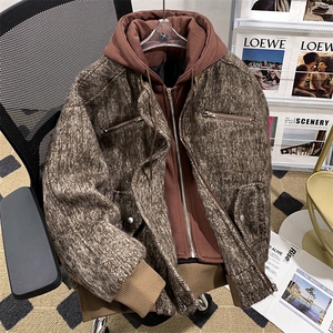 秋冬季毛呢假两件连帽外套潮流宽松加厚保暖棉服图片