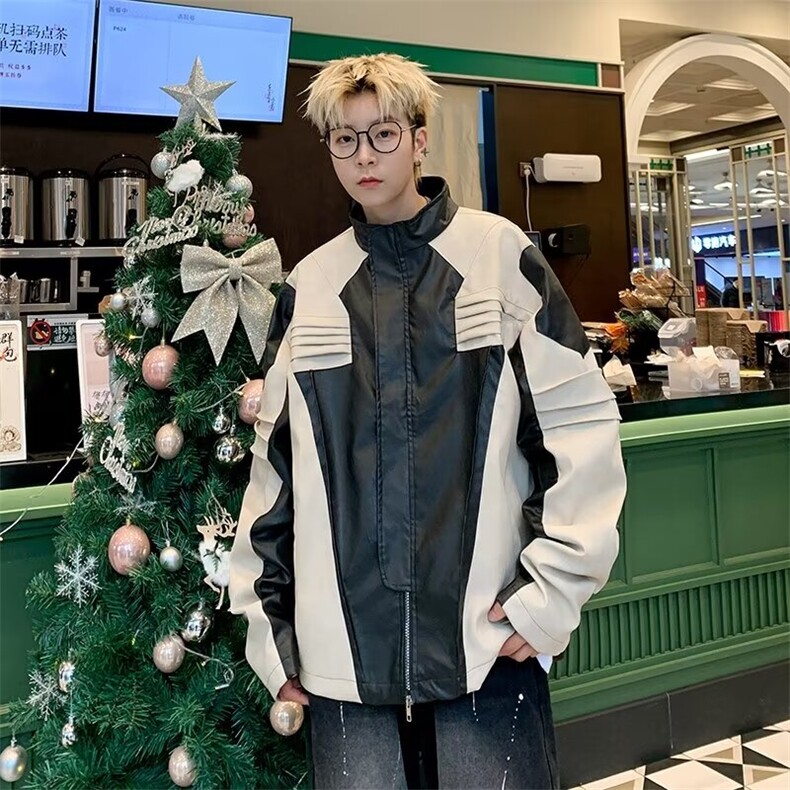 男春秋韩版潮流潮牌港风宽松拼接撞色休闲皮衣上衣服外套,男装皮衣,星座716-2
