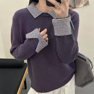 2026年秋季内搭女时尚百搭通勤假两件翻领针织衫，女装针织衫/毛衣，萱芳婷羊绒