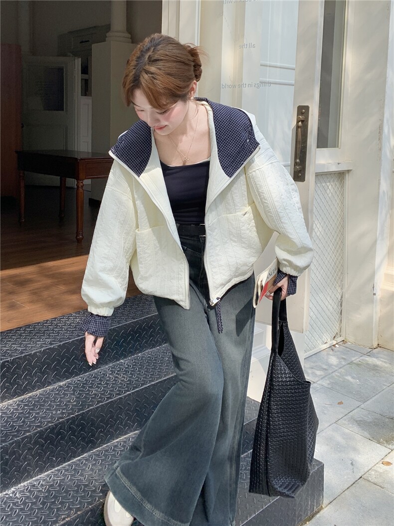 米白色压格连帽外套女2025秋冬新款学院风宽松休闲抽绳加棉上衣潮,女装短外套,慧尚2-185