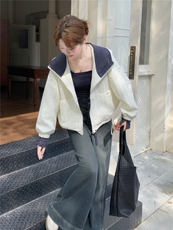 米白色压格连帽外套女2025秋冬新款学院风宽松休闲抽绳加棉上衣潮，女装短外套，慧尚2-185