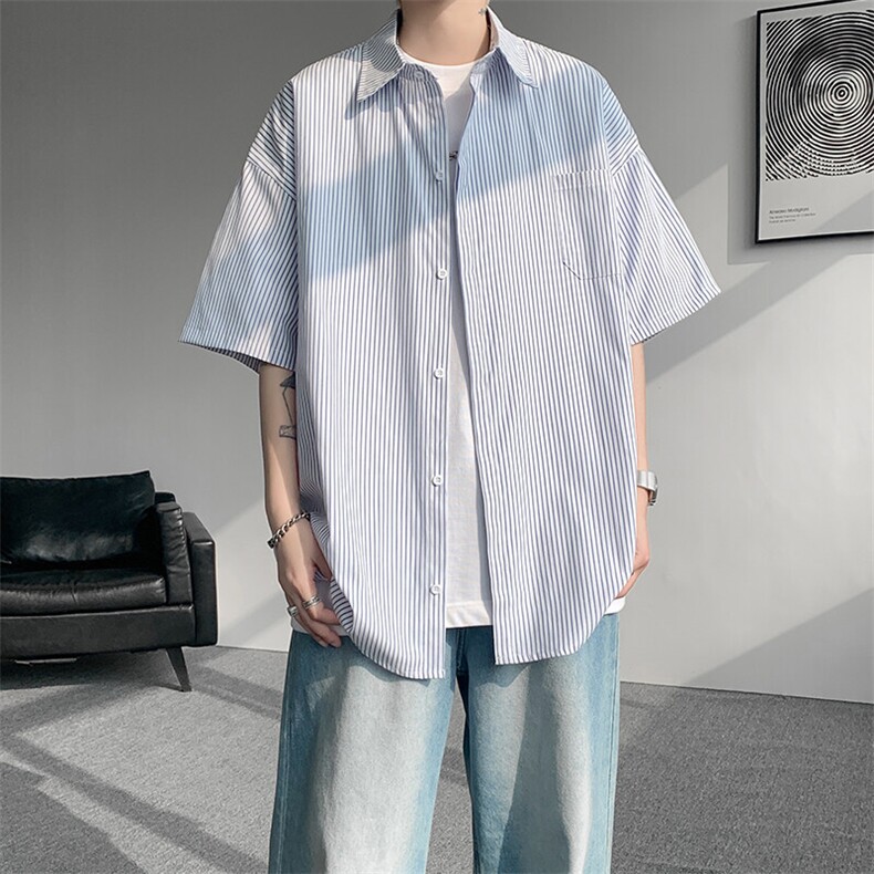 8XL-M 条纹短袖衬衫男夏季宽松慵懒风痞帅大码衬衣外套DC28001P40图片