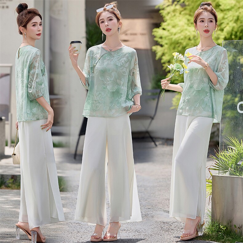 小衫女薄款2025夏新款宽松休闲女款新中式上衣雪纺阔腿裤，女装运动套装，妃曼