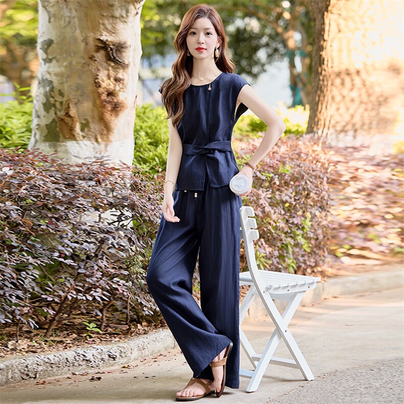 巨好看亚麻时尚套装女2026夏季气质通勤无袖背心上衣阔腿裤两件套,女装套装/套裙,美沁