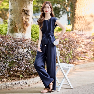 巨好看亚麻时尚套装女2026夏季气质通勤无袖背心上衣阔腿裤两件套图片