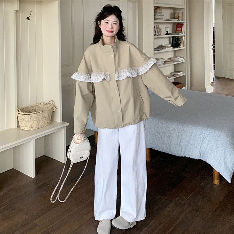 卡其色韩系气质蕾丝花边立领外套女秋高级感穿搭小个子减龄夹克,女装短外套,2C050