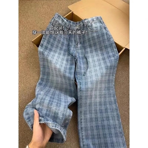 蓝色格子牛仔裤男痞帅抽绳子裤子提档直筒微喇裤图片