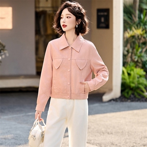 洋气减龄粉色短款皮衣外套女2025春新款小个子休闲翻领皮夹克上衣图片