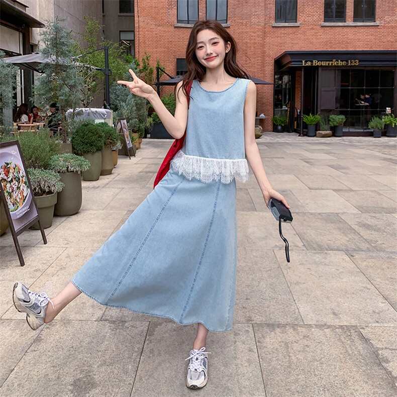 现货-2025年夏季新款蕾丝拼接牛仔两件套裙P155-K218,女装套装/套裙,帛锦泉
