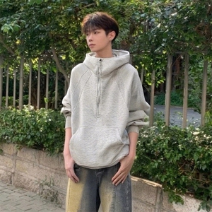 抖音得物二开 美式重磅宽松结构拉链设计防风高领连帽卫衣外套W76图片