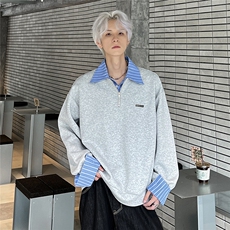 复古假两件条纹衬衫男宽松简约百搭长袖T恤翻领卫衣W100-P58，男装T恤，电商C307
