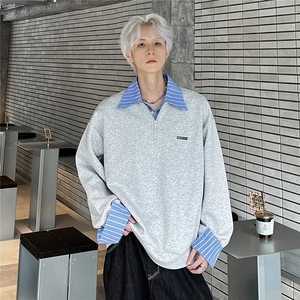 复古假两件条纹衬衫男宽松简约百搭长袖T恤翻领卫衣W100-P58图片
