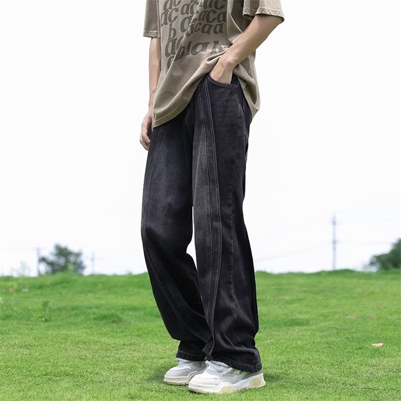 美式复古ins高级感拼接夏秋牛仔裤男宽松高街阔腿垂感直筒裤长裤,男装牛仔裤,四季星座218-1