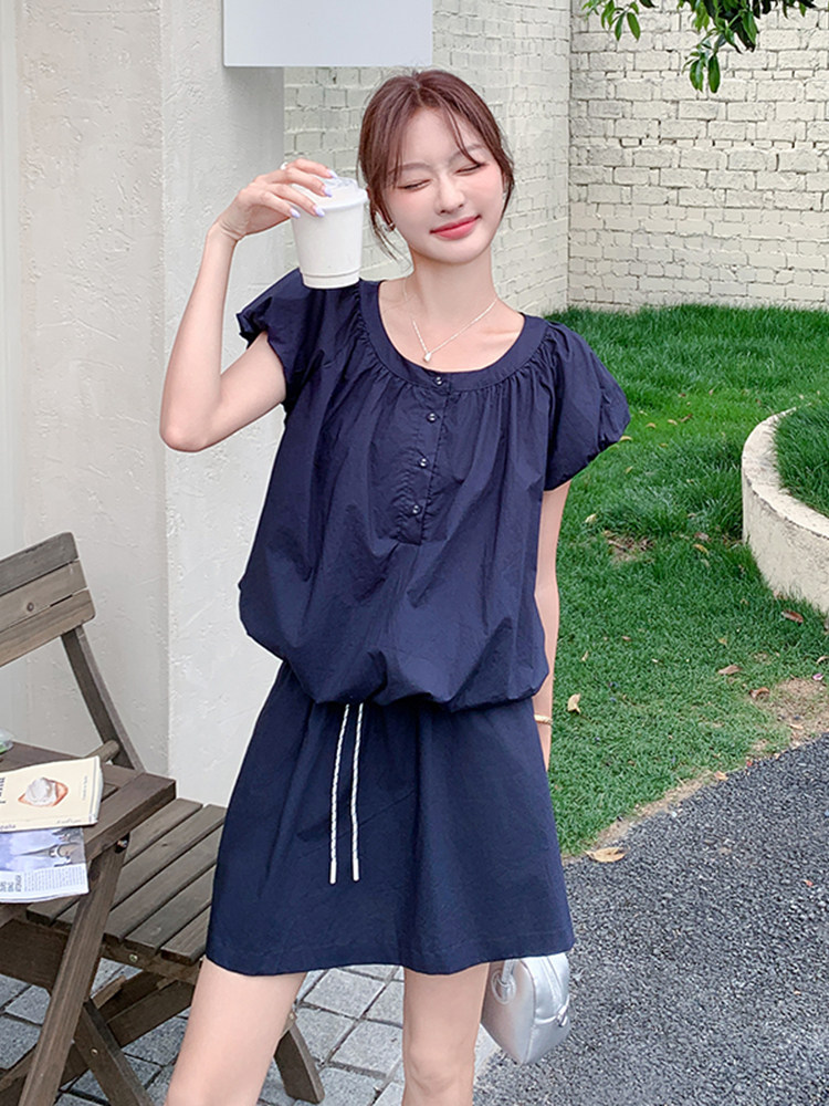 藏青色时尚一整套穿搭泡泡袖上衣套装裙女2025夏新款半身裙两件套,女装套装/套裙,浙宝220