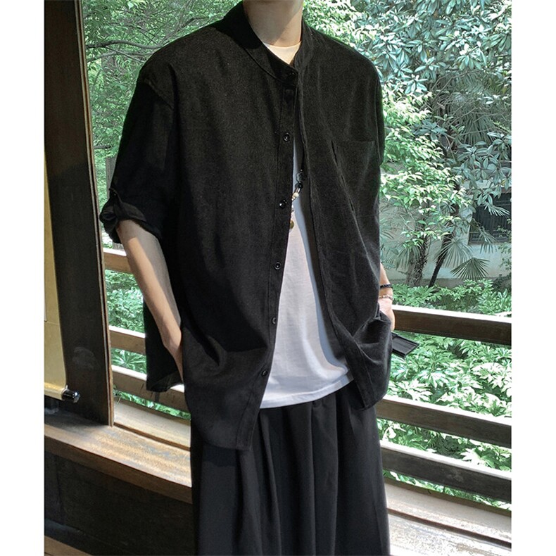 日系复古灯芯绒工装短袖衬衫男宽松休闲衬衣7108-P38,男装衬衫,电商B380（原B361）
