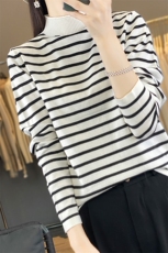 秋季修身显瘦百搭女包芯纱条纹半高领针织衫，女装针织衫/毛衣，思牵羊绒
