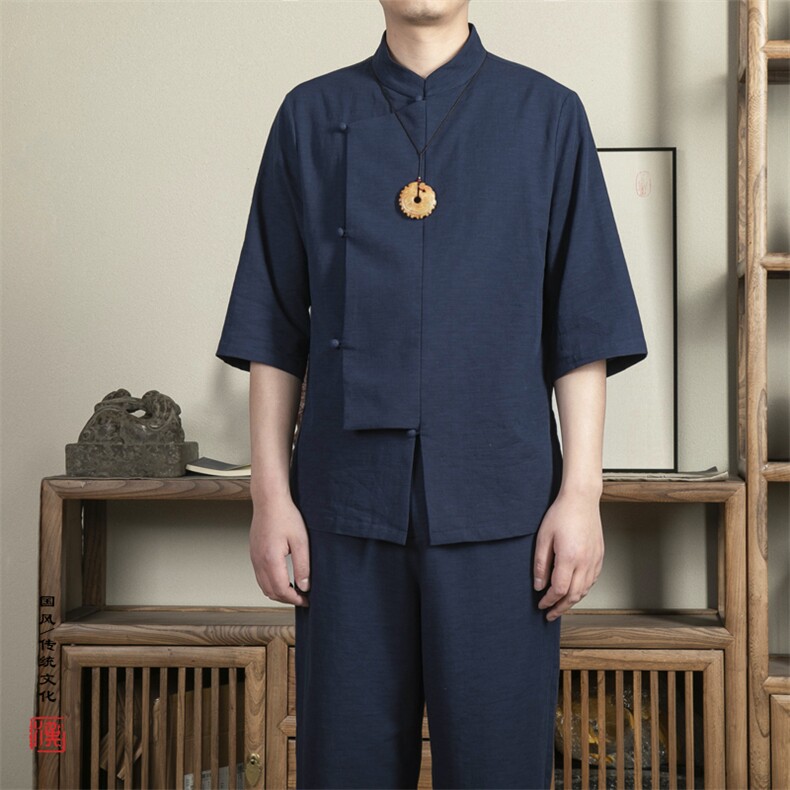风男装棉麻男士立领唐装衬衫短袖改良新中式短袖X03P75,男装衬衫,钱塘802